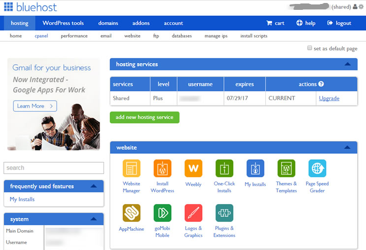 bluehost cpanel