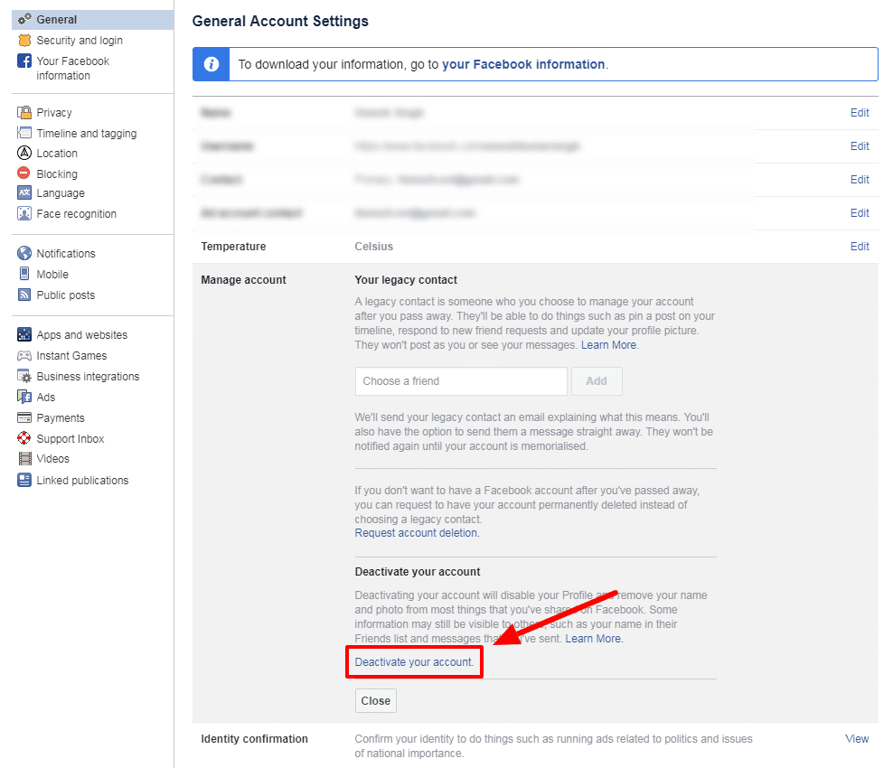 Facebook General Account Settings