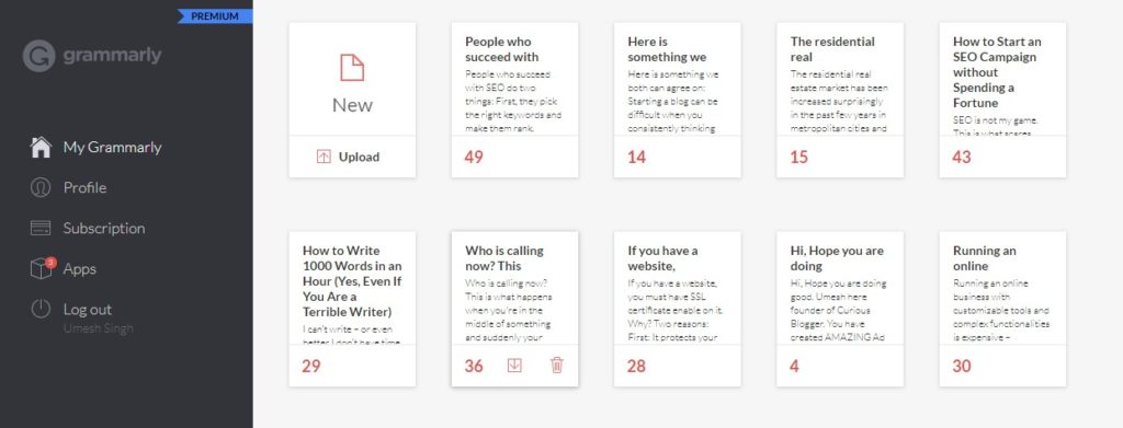 Grammarly Proof Reading Tool Dashboard