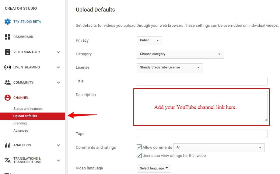 youtube upload defaults tag field sentense