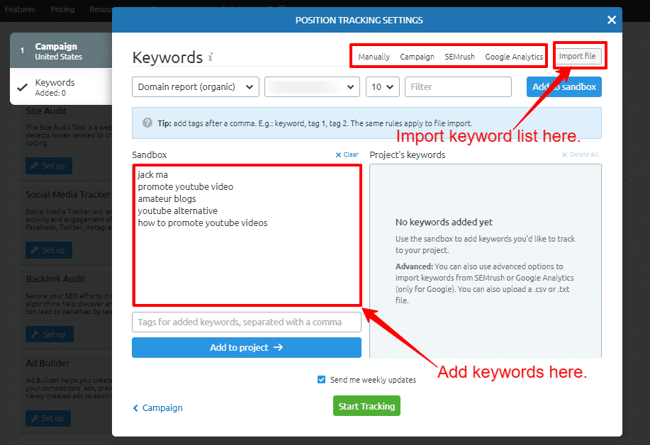 SEMrush start tracking