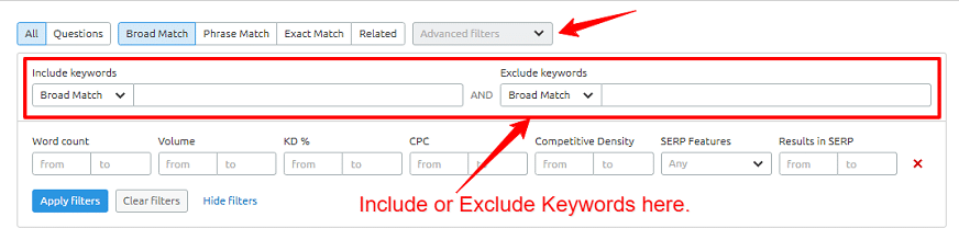 include and exclude keywords
