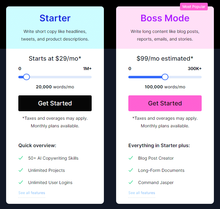 Plans Pricing – Jasper