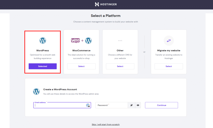 hostinger select the wordpress